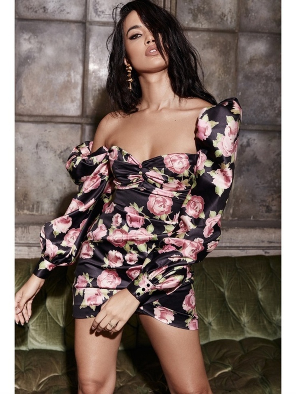 House of CB Amaryllis Rose Print Puff Shoulder Dress Size XS